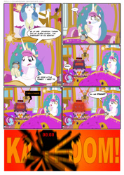 Size: 1273x1800 | Tagged: safe, artist:pixelkitties, imported from derpibooru, princess celestia, oc, alicorn, earth pony, pony, comic:my little sunshine, alarm clock, bed, clock, clothes, comic, duo, duo female, explosion, eye cover, female, lying down, mare, nuclear explosion, nuclear weapon, on back, prone, uniform, weapon