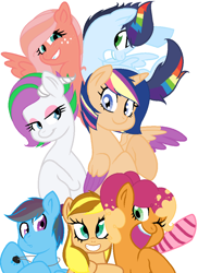 Size: 744x1024 | Tagged: safe, artist:ayumilunara, artist:emeraldjeweltm, imported from derpibooru, oc, oc only, oc:apple blossom, oc:cider, oc:emerald, oc:midnight rain, oc:rainbow boom, oc:strawberry cheese cake, oc:super nova, alicorn, dracony, dragon, earth pony, hybrid, pegasus, pony, unicorn, alicorn oc, base used, clothes, colored wings, colored wingtips, earth pony oc, eyeshadow, female, freckles, grin, group, horn, interspecies offspring, lidded eyes, makeup, mare, multicolored hair, next generation, offspring, open mouth, open smile, parent:applejack, parent:big macintosh, parent:caramel, parent:cheese sandwich, parent:flash sentry, parent:fluttershy, parent:pinkie pie, parent:rainbow dash, parent:rarity, parent:soarin', parent:spike, parent:twilight sparkle, parents:carajack, parents:cheesepie, parents:flashlight, parents:fluttermac, parents:soarindash, parents:sparity, pegasus oc, rainbow hair, simple background, smiling, socks, striped socks, unicorn oc, white background, wings