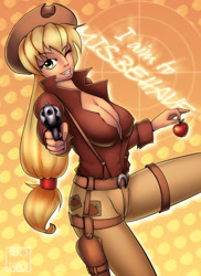 Size: 2181x3000 | Tagged: safe, artist:x-nekopunch-x, imported from derpibooru, applejack, human, 2011, apple, belt, breasts, busty applejack, cleavage, clothes, commission, cowboy hat, crossover, female, firefly (series), food, fruit, gun, hat, humanized, looking at you, old art, one eye closed, pants, solo, stetson, weapon, wink