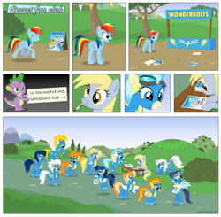 Size: 6000x5874 | Tagged: safe, artist:larsurus, imported from derpibooru, blaze, derpy hooves, fire streak, fleetfoot, high winds, lightning streak, misty fly, rainbow dash, silver lining, silver zoom, soarin', spike, spitfire, wave chill, dragon, pegasus, pony, absurd resolution, autograph, comic, female, first fleetfoot image on derpibooru, hair lock, male, mare, mouth drawing, mouth hold, pen, photoshop, scissors, spread wings, stallion, surprise (g4), wings, wonderbolts