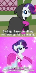 Size: 500x1004 | Tagged: safe, edit, edited screencap, imported from derpibooru, screencap, rarity, too many pinkie pies, caption, clothes, dress, image macro, imgflip, talking to viewer, text