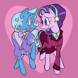 Size: 540x540 | Tagged: safe, artist:weebitpsychic, imported from derpibooru, starlight glimmer, trixie, pony, unicorn, the last problem, female, horn, lesbian, looking at each other, looking at someone, older, older starlight glimmer, older trixie, raised hoof, shipping, smiling, smiling at each other, startrix