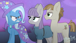 Size: 3840x2160 | Tagged: safe, artist:starry swirl, imported from derpibooru, maud pie, mudbriar, trixie, earth pony, pony, unicorn, student counsel, female, horn, male, mare, scene interpretation, trio