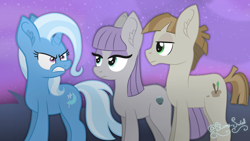 Size: 3840x2160 | Tagged: safe, artist:starry swirl, imported from derpibooru, maud pie, mudbriar, trixie, earth pony, pony, unicorn, student counsel, female, horn, male, mare, scene interpretation, trio