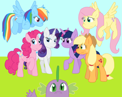 Size: 2089x1666 | Tagged: safe, artist:cmara, imported from derpibooru, applejack, fluttershy, pinkie pie, rainbow dash, rarity, spike, twilight sparkle, alicorn, dragon, earth pony, pegasus, pony, unicorn, female, group shot, horn, male, mane seven, mane six, twilight sparkle (alicorn)