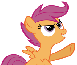 Size: 900x771 | Tagged: safe, artist:ns4j19y, imported from derpibooru, scootaloo, pegasus, pony, female, filly, foal, juxtaposition bait, looking up, magenta hair, magenta mane, orange body, orange coat, orange fur, orange pony, orange wings, pointing, purple eyes, raised hoof, simple background, solo, transparent background, wings