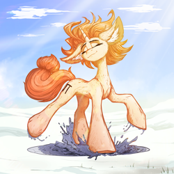 Size: 2000x2000 | Tagged: safe, artist:jehr, imported from derpibooru, oc, pony, unicorn, winter wrap up, big ears, blue sky, chest fluff, cloud, ear fluff, eyes closed, female, fluffy tail, grass, happy, horn, ice, mare, orange body, orange hair, pony oc, puddle, red hair, sky, slender, snow, splash, splashing, spring, sun, tail, thin, walking, water, winter, winter wrap up song