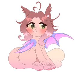 Size: 1402x1337 | Tagged: safe, imported from derpibooru, oc, oc only, oc:cinnamon fawn, bat pony, hybrid, pony, ahoge, bat wings, blushing, brown hair, chinchilla pony hybrid, ear fluff, ear tufts, fangs, freckles, gradient mane, green eyes, hazel eyes, long ears, pink hair, shiny mane, short hair, simple background, sitting, slit pupils, smiling, solo, sparkly wings, transparent background, wings