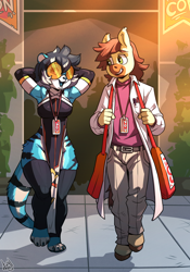 Size: 2800x4000 | Tagged: safe, artist:atryl, imported from derpibooru, oc, oc only, oc:calpain, anthro, big cat, earth pony, tiger, unguligrade anthro, badge, bag, clothes, con badge, convention, cosplay, costume, duo, female, furry, high res, male, talking