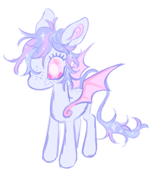 Size: 1115x1281 | Tagged: safe, artist:webkinzworldz, imported from derpibooru, oc, oc:moonflower (webkinzworldz), bat pony, pony, ambiguous gender, big ears, big eyes, chibi, colored pinnae, colored wings, eyelashes, freckles, leonine tail, long tail, multicolored mane, multicolored tail, no mouth, short mane, simple background, spread wings, standing, tail, two toned wings, white background, wingding eyes, wings