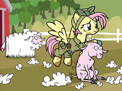 Size: 2048x1536 | Tagged: safe, imported from derpibooru, fluttershy, pegasus, pony, sheep, my little pony color by magic, the cutie re-mark, .svg available, alternate hairstyle, alternate timeline, apocalypse fluttershy, black outlines, budge studios, clothes, crystal war timeline, dirty, female, jumpsuit, mare, official, shearing, shears, short mane, solo, spread wings, svg, vector, wings, wool