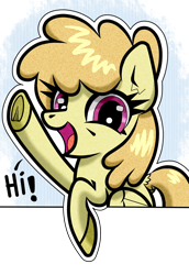 Size: 1100x1600 | Tagged: safe, artist:scandianon, imported from derpibooru, toffee swirl, pegasus, pony, female, looking at you, mare, open mouth, open smile, smiling, talking to viewer, waving