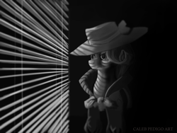 Size: 4000x3000 | Tagged: safe, artist:calebpedigo, imported from derpibooru, rarity, pony, unicorn, black and white, blinds, bust, clothes, coat, detective rarity, female, grayscale, hat, high res, horn, looking out the window, mare, monochrome, noir, solo, window blinds