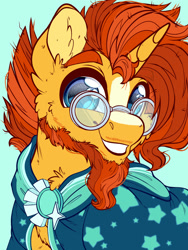 Size: 1800x2400 | Tagged: safe, artist:thehaywaiianhorse, imported from derpibooru, sunburst, pony, unicorn, beard, bust, cloak, clothes, coat markings, colored, digital art, facial hair, flat colors, fluffy, horn, looking at you, male, messy hair, paint tool sai, portrait, smiling, smiling at you, solo, stallion, stars, wizard