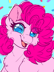 Size: 1800x2400 | Tagged: safe, artist:thehaywaiianhorse, imported from derpibooru, pinkie pie, earth pony, pony, bust, chest fluff, curly hair, digital art, fluffy, food, happy, looking at you, portrait, simple background, smiling, smiling at you, solo, sprinkles