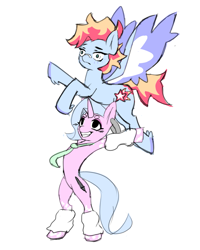 Size: 1017x1272 | Tagged: safe, artist:chiefywiffy, imported from derpibooru, oc, oc:chiefy, pegasus, unicorn, belly, bipedal, clothes, concave belly, ear piercing, epic wife tossing, horn, leg warmers, necktie, piercing, simple background, spread wings, white background, wings