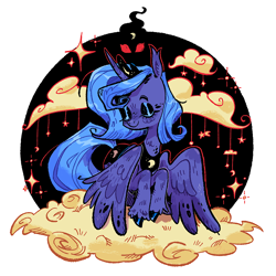 Size: 1080x1080 | Tagged: safe, artist:lagoartz, imported from derpibooru, princess luna, alicorn, pony, alternate hairstyle, blue mane, blue tail, blush scribble, blushing, circle background, cloud, cluod, colored eartips, colored hooves, crown, ear fluff, ear tufts, eyes closed, eyeshadow, female, freckles, horn, jewelry, long tail, makeup, mare, neck fluff, on a cloud, peytral, purple coat, red eyes, regalia, s1 luna, shiny hoof, short mane, simple background, sitting, sitting on a cloud, smiling, solo, sparkles, stars, tail, tiara, unicorn horn, unshorn fetlocks, white background, wing fluff, wing freckles, wings, wings down