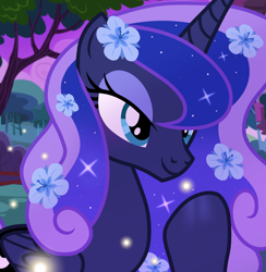Size: 1080x1108 | Tagged: safe, artist:cstrawberrymilk, imported from derpibooru, princess luna, alicorn, pony, alternate hairstyle, closed mouth, ethereal mane, eyeshadow, female, flower, flower in hair, lidded eyes, makeup, mare, missing accessory, show accurate, smiling, solo, sparkly mane, teal eyes