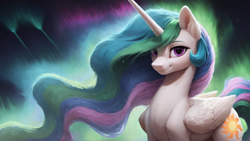 Size: 1920x1080 | Tagged: safe, imported from derpibooru, princess celestia, alicorn, pony, ai content, ai generated, aurora borealis, generator:pony diffusion v6 xl, generator:stable diffusion, high res, horn, looking at you, prompter:truekry, smiling, smiling at you, wallpaper, wings