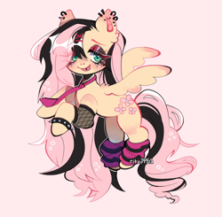 Size: 1600x1566 | Tagged: safe, artist:ritzjpeg, imported from derpibooru, fluttershy, pegasus, pony, :p, clothes, ear piercing, earring, emo, emoshy, eye clipping through hair, eyebrows, eyebrows visible through hair, female, fishnets, jewelry, looking at you, mare, necktie, piercing, scene, signature, simple background, smiling, smiling at you, socks, solo, spiked wristband, spread wings, striped socks, tongue out, tongue piercing, wingding eyes, wings, wristband