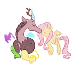 Size: 1080x1080 | Tagged: safe, artist:ella.doodles, imported from derpibooru, discord, fluttershy, antlers, crayon drawing, cuteness overload, discoshy, female, flying, horn, kissing, male, shipping, straight, traditional art