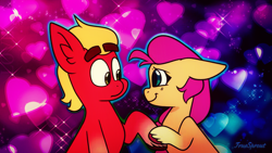 Size: 1368x770 | Tagged: safe, artist:princewhateverer, imported from derpibooru, sprout cloverleaf, sunny starscout, earth pony, pony, abstract background, braid, cute, duo, female, g5, heart, looking at each other, looking at someone, love, male, mare, romance, romantic, shipping, smiling, sproutbetes, stallion, straight, sunnysprout