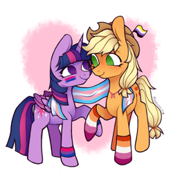 Size: 1200x1200 | Tagged: safe, artist:onionpwder, imported from derpibooru, applejack, twilight sparkle, alicorn, earth pony, pony, applejack's hat, bilight sparkle, bisexual pride flag, blushing, clothes, cowboy hat, cute, duo, eye contact, face paint, female, folded wings, freckles, hat, holding hooves, jackabetes, lesbian, lesbian pride flag, looking at each other, looking at someone, mare, no pupils, nonbinary, nonbinary pride flag, pride, pride flag, pride socks, scarf, shared clothing, shared scarf, shipping, smiling, smiling at each other, socks, striped socks, trans female, trans twilight sparkle, transgender, transgender pride flag, twiabetes, twijack, twilight sparkle (alicorn), wings, wristband