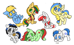 Size: 2957x1823 | Tagged: safe, artist:northglow, imported from derpibooru, oc, oc:ukraine, earth pony, pegasus, pony, unicorn, base used, belarus, estonia, flower, horn, israel, kazakhstan, lithuania, looking at each other, looking at someone, looking up, lying, nation ponies, poland, ponified, simple background, sitting, smiling, ukraine