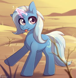 Size: 1962x2000 | Tagged: safe, artist:fensu-san, imported from derpibooru, trixie, pony, unicorn, :p, cute, desert, diatrixes, female, glowing, glowing horn, horn, looking at you, magic, magic aura, mare, outdoors, raised hoof, signature, silly, silly pony, smiling, smiling at you, solo, starry eyes, tongue out, wingding eyes