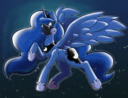 Size: 2184x1687 | Tagged: safe, artist:helixjack, imported from derpibooru, princess luna, alicorn, pony, abstract background, crown, female, gas mask, hoof shoes, jewelry, latex, latex suit, mare, mask, peytral, princess shoes, raised hoof, regalia, wings