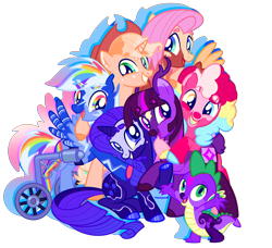 Size: 2082x1901 | Tagged: safe, artist:peachpaws0, edit, imported from derpibooru, vector edit, applejack, fluttershy, pinkie pie, rainbow dash, rarity, spike, twilight sparkle, classical unicorn, deer, dragon, earth pony, pegasus, unicorn, applejack's hat, cloven hooves, cowboy hat, curly hair, earth pony twilight, eyebrows, freckles, hat, hooves, horn, lavender sunrise au, leonine tail, mane six, matching markings, pride, pride flag, race swap, transgender pride flag, unicorn applejack, unshorn fetlocks, vector, wheelchair