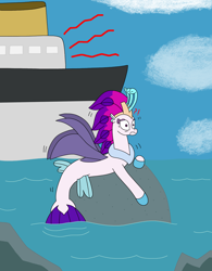 Size: 2448x3144 | Tagged: safe, artist:supahdonarudo, imported from derpibooru, queen novo, seapony (g4), my little pony: the movie, boat, cloud, cruise ship, emanata, exclamation point, interrobang, lying down, ocean, prone, question mark, rock, shaking, startled, water