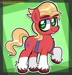 Size: 1033x1080 | Tagged: safe, artist:saveraedae, imported from derpibooru, sprout cloverleaf, earth pony, pony, :p, chest fluff, g5, green background, green eyes, looking at you, raised hoof, red fur, simple background, solo, tongue out, unshorn fetlocks, white fur, yellow mane