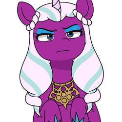 Size: 837x837 | Tagged: safe, artist:makaryo, imported from derpibooru, opaline arcana, alicorn, pony, bust, eyeshadow, female, full face view, g5, hooves to the chest, looking at you, makeup, mare, my little pony: tell your tale, opaline arcana is not amused, peytral, simple background, solo, unamused, white background