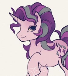 Size: 1121x1250 | Tagged: safe, artist:disaterror, imported from derpibooru, starlight glimmer, pony, unicorn, curly mane, curly tail, female, gray background, horn, lidded eyes, long description, looking up, mare, multicolored mane, multicolored tail, pink coat, purple eyes, purple mane, purple tail, raised hoof, signature, simple background, smiling, solo, standing, tail, unicorn horn
