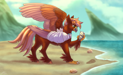 Size: 3280x2003 | Tagged: safe, artist:malinraf1615, imported from derpibooru, oc, oc:pearl diver, classical hippogriff, hippogriff, bandage, beach, beak, broken bone, broken wing, cast, claws, colored wings, commission, happy, hippogriff oc, hippogriffied, injured, jewelry, male, mount aris, necklace, seashell, sling, species swap, tail, wings