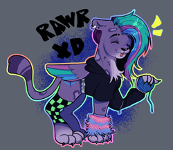 Size: 1282x1114 | Tagged: safe, artist:kreeeeeez, imported from derpibooru, big cat, leopard, snow leopard, allura, aq bars, clothes, cute, ear piercing, female, floppy ears, g5, hoodie, leg warmers, piercing, rawr xd, scene, silly, tongue out, winged big cat, yarn, yarn ball