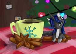 Size: 3508x2480 | Tagged: safe, artist:destiny_manticor, imported from derpibooru, oc, oc only, unicorn, bust, christmas, christmas tree, cinnamon, cup, female, frame, high res, holiday, horn, looking at you, old art, photo frame, portrait, teacup, tree