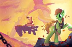 Size: 3955x2609 | Tagged: safe, artist:appleneedle, imported from derpibooru, oc, earth pony, pony, snake, action, cover, dead cells, fantasy, game, leaves, parody, raffle prize