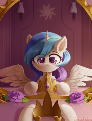 Size: 1900x2500 | Tagged: safe, artist:emeraldgalaxy, imported from derpibooru, princess celestia, alicorn, pony, cheek fluff, chest fluff, chibi, crown, cute, cutelestia, ear fluff, eye clipping through hair, eyebrows, eyebrows visible through hair, female, flower, high res, horn, indoors, jewelry, mare, mirror, offscreen character, pov, reflection, regalia, signature, solo, spread wings, wings, younger