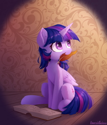 Size: 2400x2800 | Tagged: safe, artist:emeraldgalaxy, imported from derpibooru, twilight sparkle, alicorn, pony, book, chest fluff, cute, ear fluff, eye clipping through hair, eyebrows, eyebrows visible through hair, female, folded wings, high res, horn, looking up, mare, mouth hold, quill, signature, sitting, solo, twiabetes, twilight sparkle (alicorn), wings