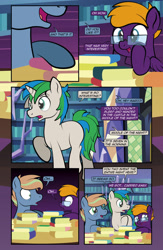 Size: 1920x2948 | Tagged: safe, artist:alexdti, imported from derpibooru, oc, oc:brainstorm (alexdti), oc:purple creativity, oc:star logic, pegasus, pony, unicorn, comic:quest for friendship retold, book, glasses, horn, library, twilight's castle, twilight's castle library