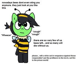 Size: 513x427 | Tagged: safe, artist:wanda, imported from derpibooru, oc, oc only, oc:filly anon, earth pony, animal costume, bee costume, clothes, costume, female, filly, foal, ms paint, simple background, solo, text, white background