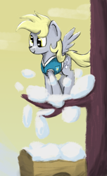 Size: 855x1405 | Tagged: safe, artist:chevaleto, derpibooru exclusive, imported from derpibooru, derpy hooves, pegasus, pony, winter wrap up, cart, female, mare, snow, solo, spread wings, tree, tree branch, wings, winter wrap up vest