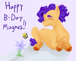 Size: 2000x1600 | Tagged: safe, artist:teochronico, imported from derpibooru, oc, bee, earth pony, insect, pony, birthday, earth pony oc, eyes closed, flower, smiling, solo