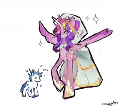 Size: 1698x1488 | Tagged: safe, artist:ametff3, imported from derpibooru, princess cadance, shining armor, alicorn, pony, unicorn, alternate hairstyle, bags under eyes, blush scribble, blushing, clothes, colored hooves, colored horn, colored sketch, colored wings, dot eyes, dress, duo, duo male and female, eye clipping through hair, female, frown, gradient wings, hair bun, height difference, hoof shoes, horn, long horn, long legs, male, mare, meme, multicolored mane, pink coat, princess shoes, purple eyes, raised hoof, shiningcadance, shipping, signature, simple background, size difference, sketch, smiling, sparkles, spiky mane, spread wings, stallion, straight, tail, text, the bride and the ugly ass groom, toy interpretation, two toned mane, two toned tail, unicorn horn, unshorn fetlocks, veil, wedding dress, wedding veil, white background, white coat, wing fluff, wingding eyes, wings