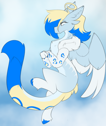 Size: 1689x2012 | Tagged: safe, artist:beardie, imported from derpibooru, oc, oc only, oc:azure opus, draconequus, big tail, blind, claws, draconequified, female, flying, in air, neck fluff, paws, solo, species swap, spots, spread wings, tail, wings