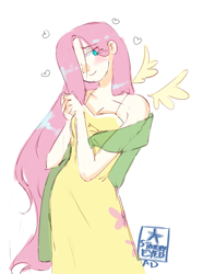 Size: 1647x2088 | Tagged: safe, artist:wakasagihime-chan, imported from derpibooru, fluttershy, human, blushing, breasts, cleavage, clothes, dress, female, floating heart, floating wings, hair over one eye, hands together, heart, humanized, simple background, smiling, solo, sundress, white background, winged humanization, wings
