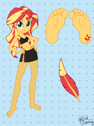 Size: 2048x2732 | Tagged: safe, artist:redhorney, imported from derpibooru, sunset shimmer, equestria girls, bikini, clothes, cutie mark on human, feather, feet, female, fetish, fishnet pantyhose, foot fetish, foot focus, solo, swimsuit, unmoving plaid