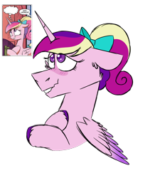 Size: 900x1000 | Tagged: safe, artist:fuckomcfuck, derpibooru exclusive, idw, imported from derpibooru, princess cadance, alicorn, pony, blushing, bow, hair bow, lip bite, redraw, simple background, solo, transparent background